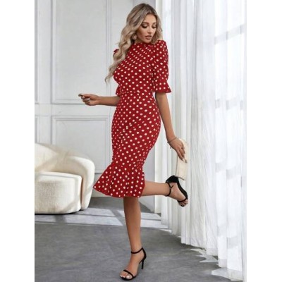 Privé Polka Dot Print Flounce Sleeve Mermaid Hem Dress - Choose Your Size