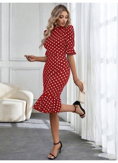 Privé Polka Dot Print Flounce Sleeve Mermaid Hem Dress - Choose Your Size