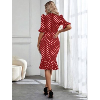 Privé Polka Dot Print Flounce Sleeve Mermaid Hem Dress - Choose Your Size