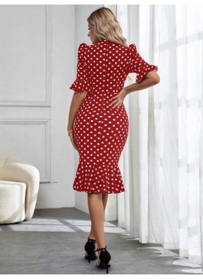 Privé Polka Dot Print Flounce Sleeve Mermaid Hem Dress - Choose Your Size