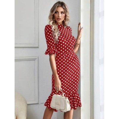 Privé Polka Dot Print Flounce Sleeve Mermaid Hem Dress - Choose Your Size