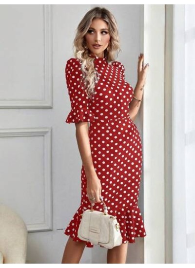 Privé Polka Dot Print Flounce Sleeve Mermaid Hem Dress - Choose Your Size