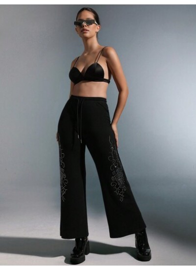 ICON Rhinestone Detail Wide Leg Sweatpants - Choose Your Size