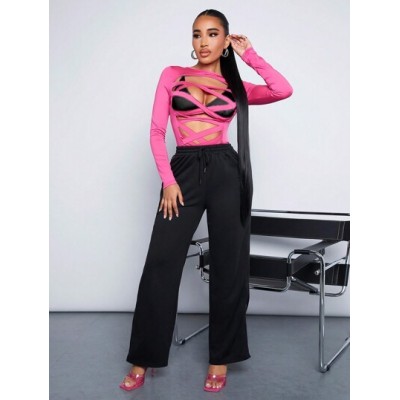 SXY Women.S Loose Fit Sweatpants With Contrasting Side Seam And Pink Drawstring