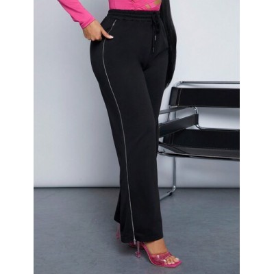 SXY Women.S Loose Fit Sweatpants With Contrasting Side Seam And Pink Drawstring