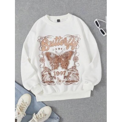 EZwear Letter & Butterfly Print Drop Shoulder Sweatshirt - Choose Your Size