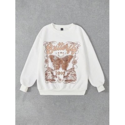 EZwear Letter & Butterfly Print Drop Shoulder Sweatshirt - Choose Your Size