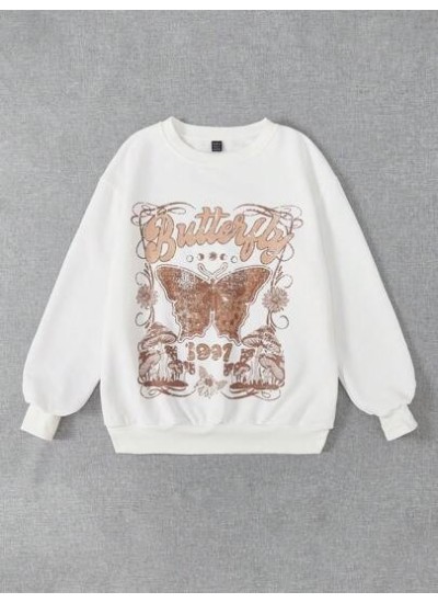 EZwear Letter & Butterfly Print Drop Shoulder Sweatshirt - Choose Your Size