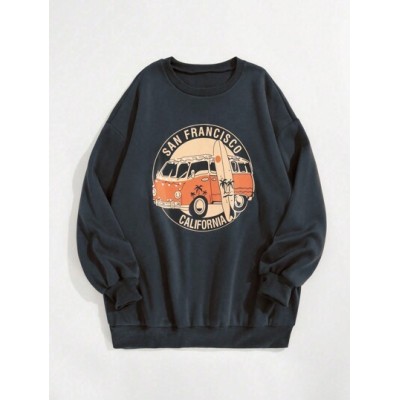 EZwear Car & Letter Print Round Neck Drop Shoulder Fleece Sweatshirt - Choose Y