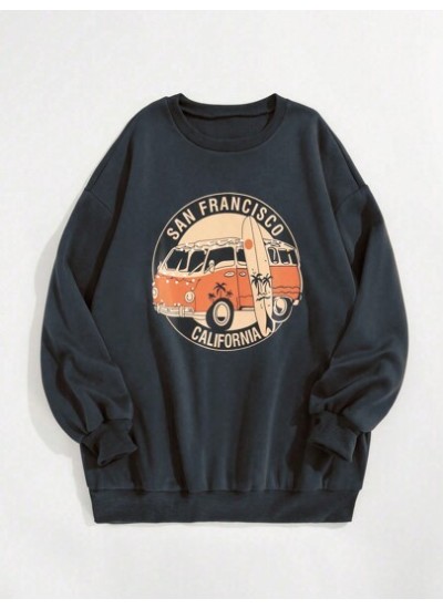 EZwear Car & Letter Print Round Neck Drop Shoulder Fleece Sweatshirt - Choose Y