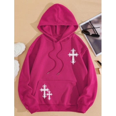 EZwear Hooded Sweatshirt With Kangaroo Pocket, Cross Pattern, Warm Lining - Cho