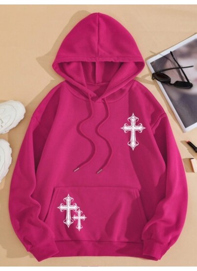 EZwear Hooded Sweatshirt With Kangaroo Pocket, Cross Pattern, Warm Lining - Cho