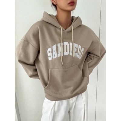 Letter Graphic Kangaroo Pocket Drop Shoulder Drawstring Hoodie - Choose Your Si