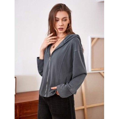 Solid Color Zipper Front Drop Shoulder Hoodie - Choose Your Size