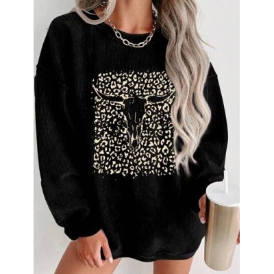 EZwear Women.s Leopard Print Bullhead Graphic Round Neck Drop Shoulder Long Sle