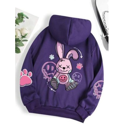 Qutie Rabbit & Letter Graphic Kangaroo Pocket Drawstring Thermal Hoodie - Choos