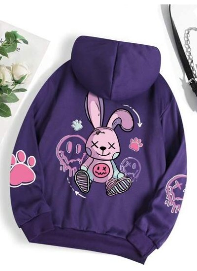 Qutie Rabbit & Letter Graphic Kangaroo Pocket Drawstring Thermal Hoodie - Choos