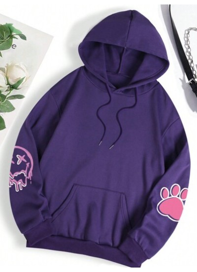 Qutie Rabbit & Letter Graphic Kangaroo Pocket Drawstring Thermal Hoodie - Choos