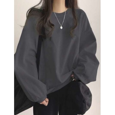 Women.s Solid Color Round Neck Loose Long Sleeve Sweatshirt - Choose Your Size