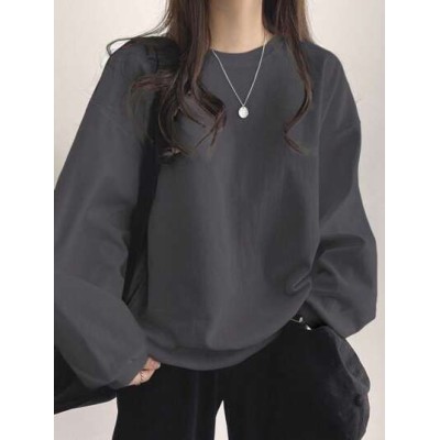 Women.s Solid Color Round Neck Loose Long Sleeve Sweatshirt - Choose Your Size