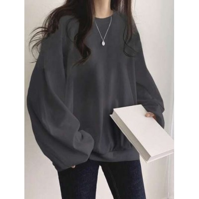 Women.s Solid Color Round Neck Loose Long Sleeve Sweatshirt - Choose Your Size