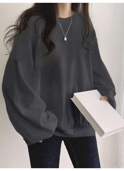 Women.s Solid Color Round Neck Loose Long Sleeve Sweatshirt - Choose Your Size