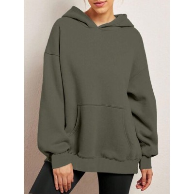 LUNE Women Autumn/Winter Solid Color Drop Shoulder Long Sleeve Hooded Sweatshir