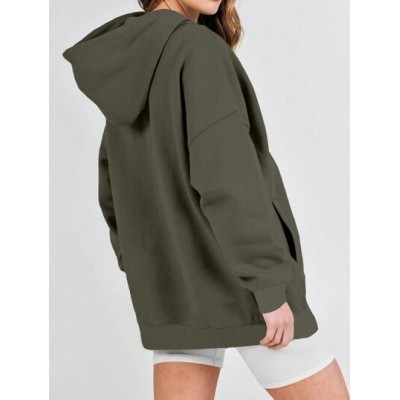 LUNE Women Autumn/Winter Solid Color Drop Shoulder Long Sleeve Hooded Sweatshir