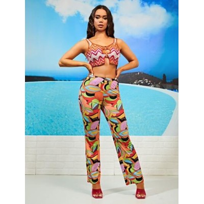 VCAY Chevron Pattern Cut Out Crop Tank Top & Allover Print Pants - Choose Your