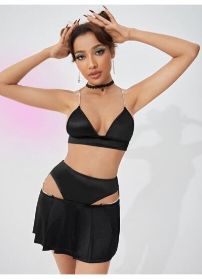 ICON Rhinestone Satin Cami Top & Cut-out Pleated Skirt Set Without Choker - Cho