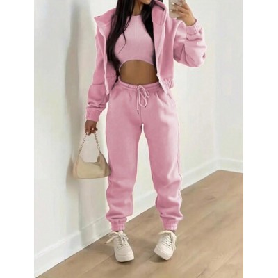 Slayr Ladies. Solid Color Hooded Jacket And Drawstring Long Pants Set - Choose