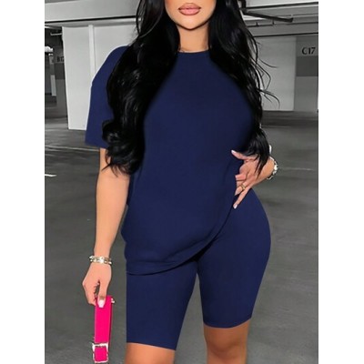 Slayr Women.s Solid Color Round Neck Short Sleeve T-Shirt And Shorts Two-Piece