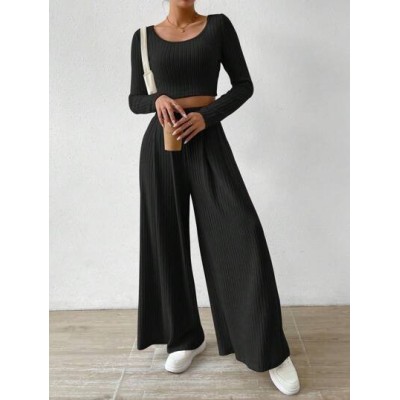 Essnce Solid Color Short Top & Wide Leg Pants Casual 2pcs Outfit - Choose Your