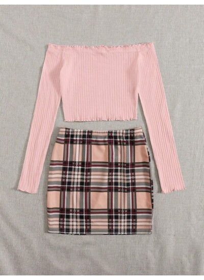 Essnce Off Shoulder Lettuce Trim Tee & Plaid Skirt Set - Choose Your Size