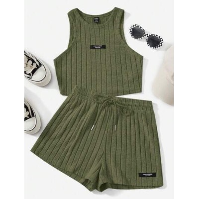 EZwear Letter Patched Detail Tank Top & Drawstring Waist Shorts - Choose Your S