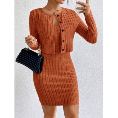 Essnce Button Front Ribbed Knit Jacket & Bodycon Dress - Choose Your Size