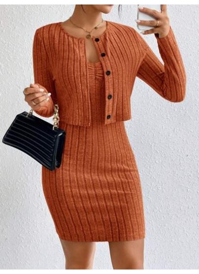 Essnce Button Front Ribbed Knit Jacket & Bodycon Dress - Choose Your Size