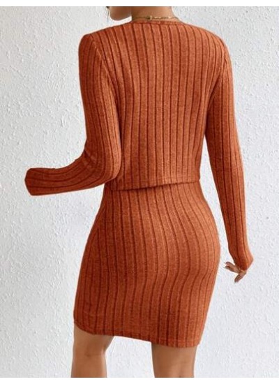 Essnce Button Front Ribbed Knit Jacket & Bodycon Dress - Choose Your Size