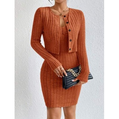 Essnce Button Front Ribbed Knit Jacket & Bodycon Dress - Choose Your Size