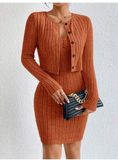 Essnce Button Front Ribbed Knit Jacket & Bodycon Dress - Choose Your Size