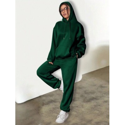 EZwear Kangaroo Pocket Drawstring Hoodie And Sweatpants Two-piece Set With Drop