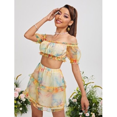 VCAY Off The Shoulder Frill Trim Tie Dye Ruffle Hem Organza Crop Top & Skirt -