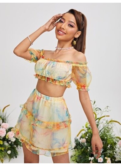 VCAY Off The Shoulder Frill Trim Tie Dye Ruffle Hem Organza Crop Top & Skirt -