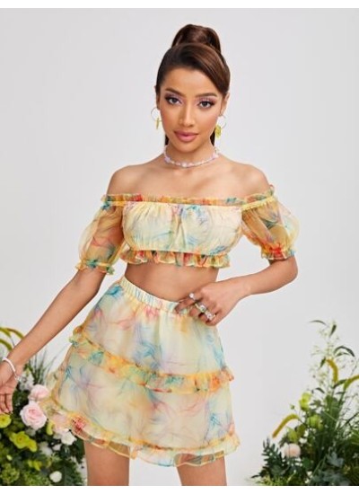 VCAY Off The Shoulder Frill Trim Tie Dye Ruffle Hem Organza Crop Top & Skirt -