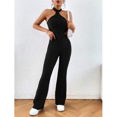 Essnce Solid Halter Top & Flare Leg Pants - Choose Your Size