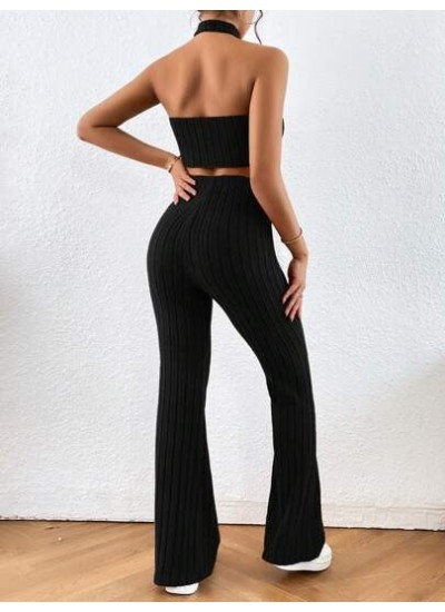 Essnce Solid Halter Top & Flare Leg Pants - Choose Your Size