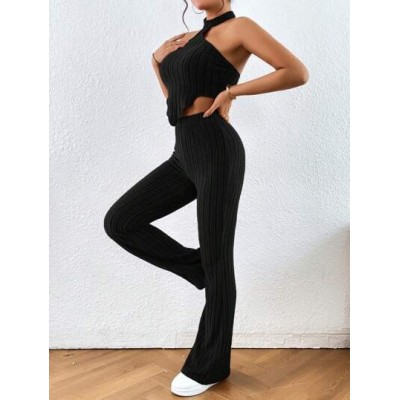 Essnce Solid Halter Top & Flare Leg Pants - Choose Your Size