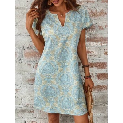 LUNE Summer Allover Print Notched Neck Batwing Sleeve Tunic Dress - Choose Your