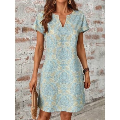 LUNE Summer Allover Print Notched Neck Batwing Sleeve Tunic Dress - Choose Your