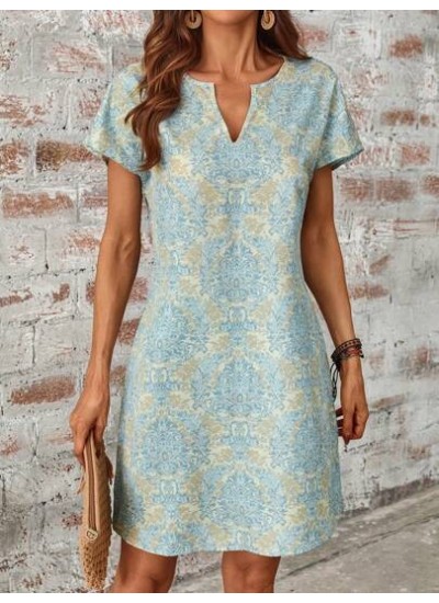 LUNE Summer Allover Print Notched Neck Batwing Sleeve Tunic Dress - Choose Your